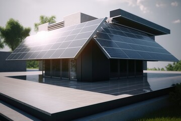 Fototapeta premium Energy Efficient House With Solar Panels And Wall Battery For Energy Storage Generative AI
