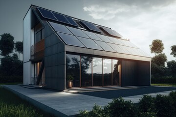 Fototapeta premium Energy Efficient House With Solar Panels And Wall Battery For Energy Storage Generative AI