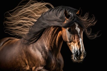 Obraz na płótnie Canvas Close up picture of a bay horse with a long mane in motion. Generative AI