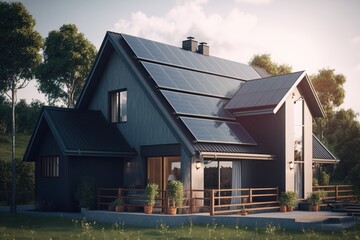 Energy Efficient House With Solar Panels And Wall Battery For Energy Storage Generative AI

