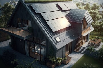 Fototapeta premium Energy Efficient House With Solar Panels And Wall Battery For Energy Storage Generative AI