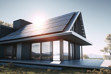 Energy Efficient House With Solar Panels And Wall Battery For Energy Storage Generative AI

