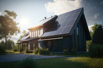Obraz premium Energy Efficient House With Solar Panels And Wall Battery For Energy Storage Generative AI