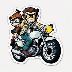 A cartoon of a rider with a monkey hanging onto the back of their motorcycle, sticker, white background