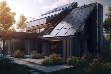 Energy Efficient House With Solar Panels And Wall Battery For Energy Storage Generative AI