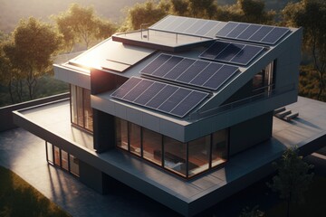 Fototapeta premium Energy Efficient House With Solar Panels And Wall Battery For Energy Storage Generative AI