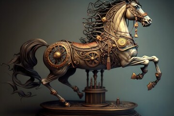 Steampunk carousel horse, illustration, AI