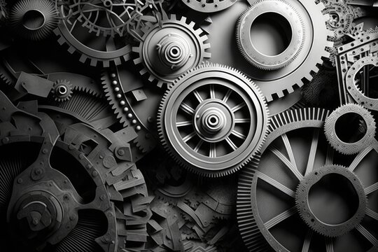 Steampunk gears transition to black and white illustration on paper, AI