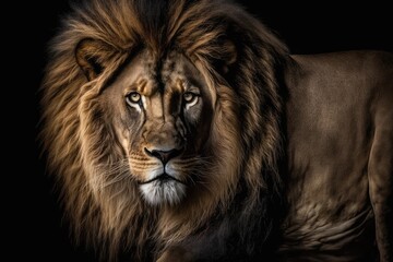 Beautiful lion portrait, lion in the dark. Generative AI - obrazy, fototapety, plakaty