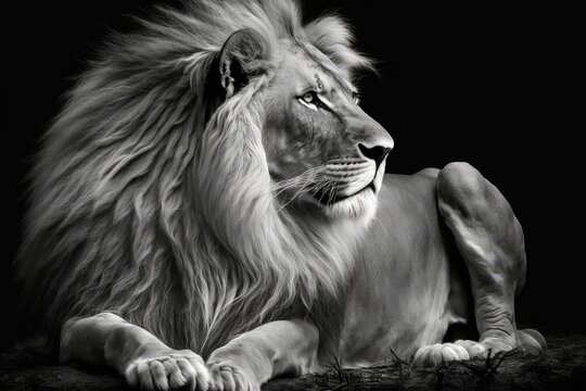 B&W picture of a lion on a black background. Generative AI