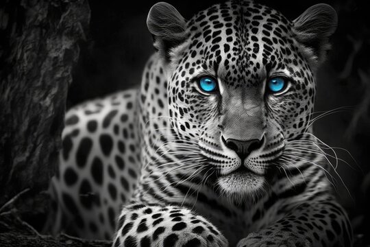 Blue eyes, black and white jaguar. Generative AI