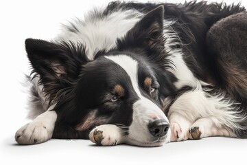 Border Collie dog sleeping on white background. Generative AI