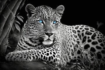 Fototapeta na wymiar Blue eyes, black and white jaguar. Generative AI