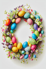 Colorful Easter wreath with eggs and flowers, space for text, Generative AI