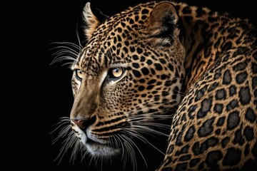 Fototapeta na wymiar Close up of a big, beautiful leopard on a black background. Generative AI