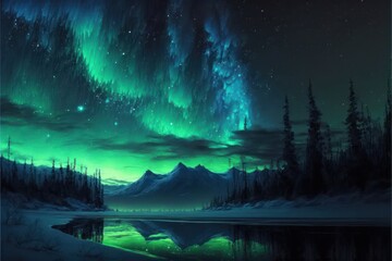 The colorful dancing curtains of the Aurora borealis landscape, GENERATIVE AI