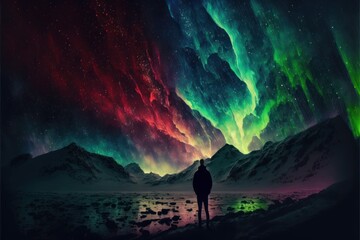 Naklejka na ściany i meble The colorful dancing curtains of the Aurora borealis landscape, GENERATIVE AI