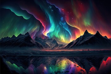 Fototapeta na wymiar The colorful dancing curtains of the Aurora borealis landscape, GENERATIVE AI