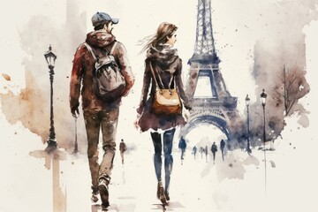 Fototapeta premium Man and Woman Walking Near the Eiffel Tower in Paris France, Watercolor Style Generative AI