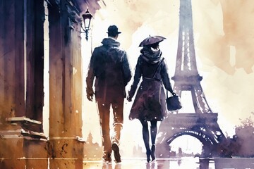Man and Woman Walking Near the Eiffel Tower in Paris France, Watercolor Style Generative AI