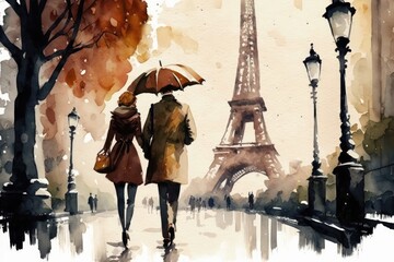 Fototapeta premium Man and Woman Walking Near the Eiffel Tower in Paris France, Watercolor Style Generative AI
