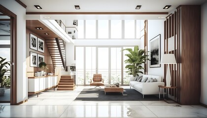 Elegant modern interior condominium with, contemporary Miami style architecture, white finish with wooden details, octane render, 3d, hyper realistic, hyper detail, high quality, detail. Generative AI