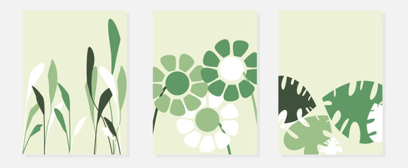 Collection of minimal posters with organic shapes composition in green colors in trendy modern solid style, can be used for wall decoration, postcard, cover design and background