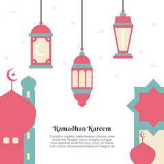 Attractive Ramadan Kareem poster design with minimalism vector illustration of mosque and lantern lights for islamic fasting event