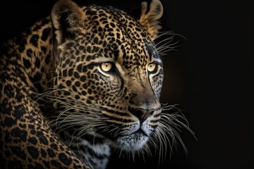 Close up of a big, beautiful leopard on a black background. Generative AI