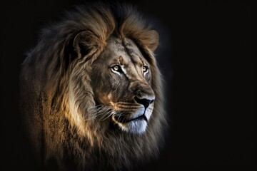A picture of a young lion against a black background at night. Generative AI