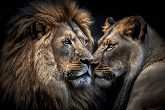 asiatic lion couple intimate love. Generative AI