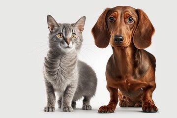 A red dachshund dog and a gray brown cat stand out against a white background. Generative AI