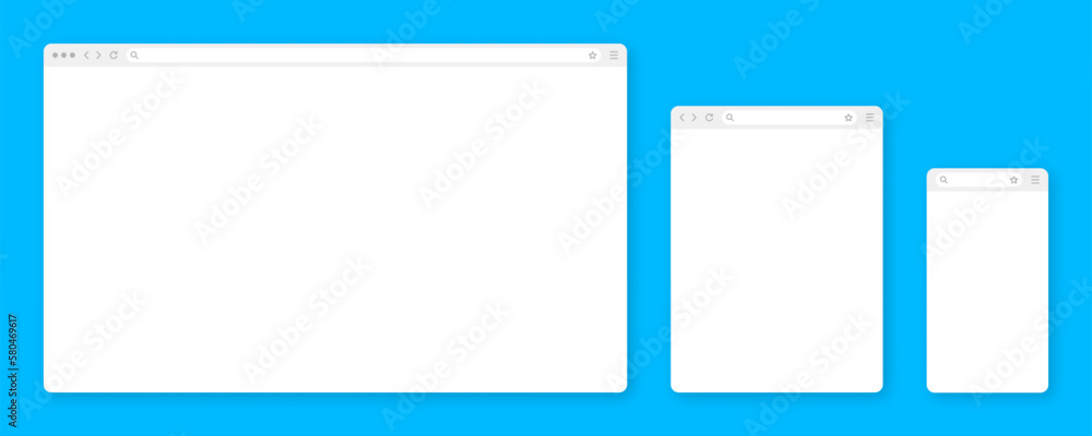 Poster blank web browser window with toolbar and search field. modern website, internet page in flat style.