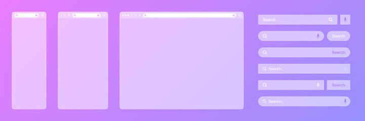 Obraz premium Blank transparent internet browser window with various search bar templates. Web site engine with search box, address bar and text field. UI design, website interface elements. Vector illustration