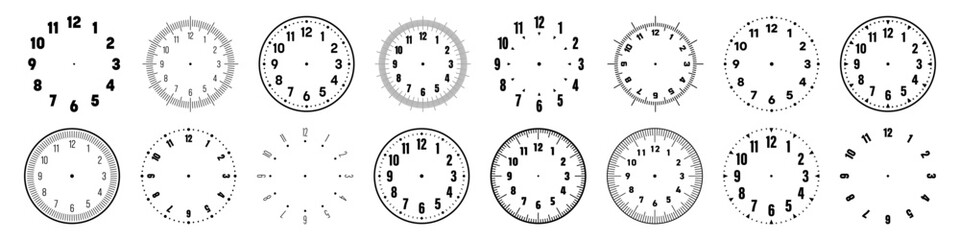 Mechanical clock faces with arabic numerals, bezel. Watch dial with minute, hour marks and numbers. Timer or stopwatch element. Blank measuring circle scale with divisions. Vector illustration