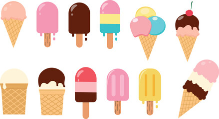 Ice cream set isolated on a white background. Summer colorful background. Tasty cute appetizing food collection. Simple realistic modern design. Flat style vector illustration