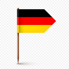 Realistic German toothpick flag. Souvenir from Germany. Wooden toothpick with paper flag. Location mark, map pointer. Blank mockup for advertising and promotions. Vector illustration