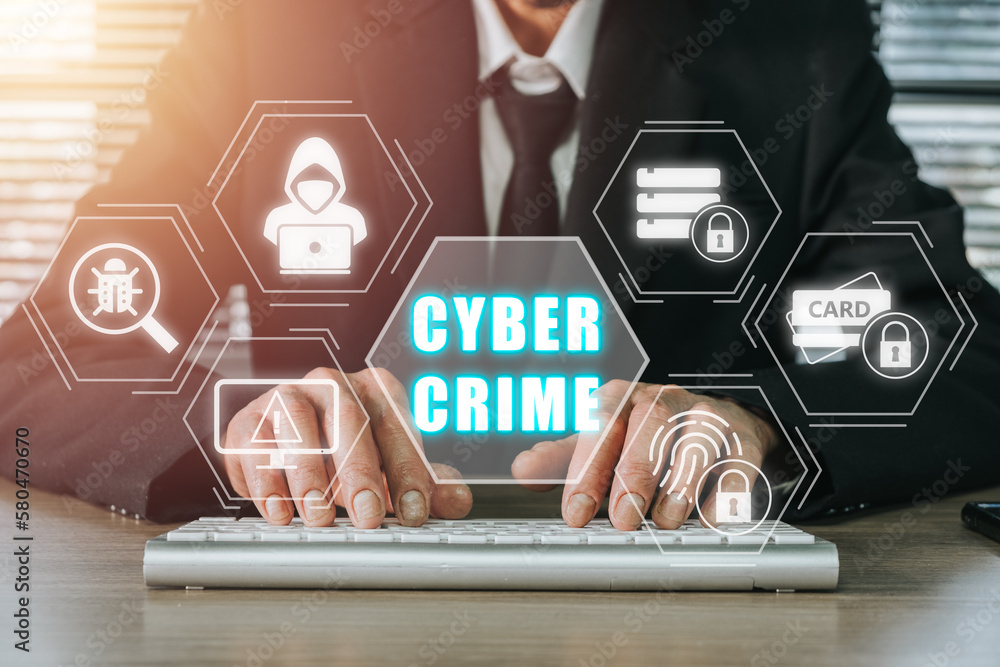 Poster cyber crime concept, person hand typing keyboard computer with cyber crime icon on virtual screen.