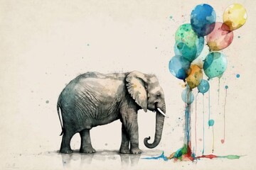 Animal in water color with balloons. A cute person. Generative AI