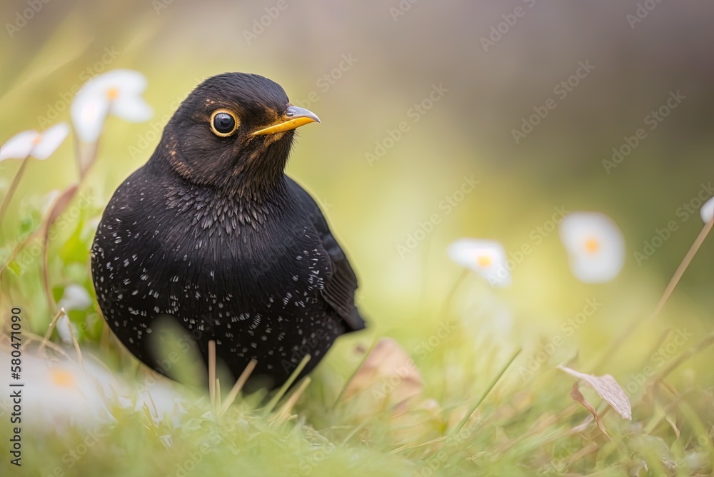 Poster image taken with a narrow depth of field, depicting a little common blackbird on a grassy field. gen