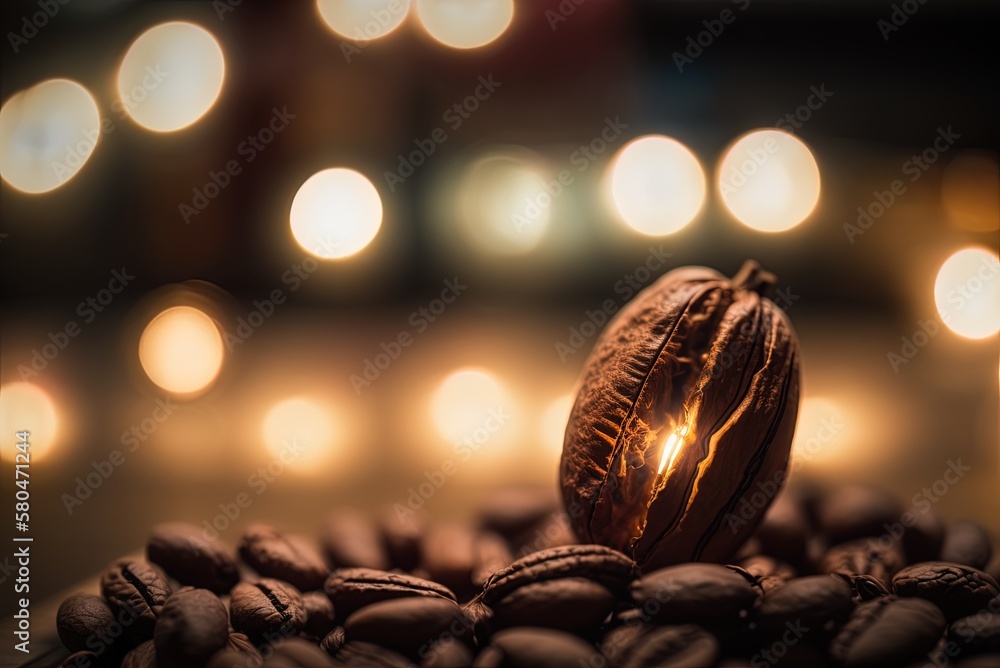 Poster blurred background and sharp focus on a roasted coffee bean under the lights generative ai