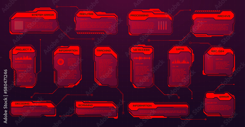 Poster Red futuristic HUD or UI elements. Sci-fi user interface text boxes, callouts. Warning message frames, information boxes template. Modern game interface layout in digital style. Vector illustration