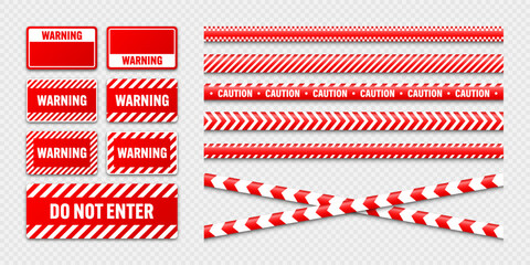 Various barricade construction tapes and warning shields. Red police warning line, brightly colored danger or hazard stripe, ribbon. Restricted area, zone. Attention symbol. Vector illustration