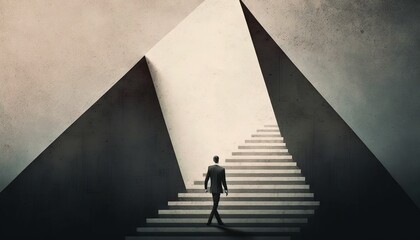 Business concept illustration of a man walking on a stairway leading up to up arrow. Generative ai