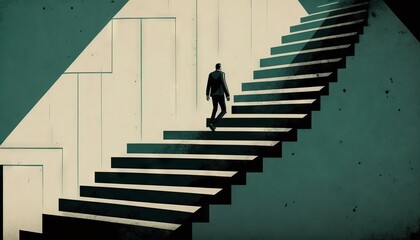 Business concept illustration of a man walking on a stairway leading up to up arrow. Generative ai