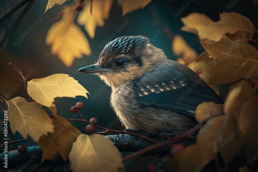 Poster image of a bird in focus perched on a leafy branch generative ai