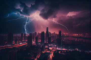Lightning strikes the city at night.generative ai