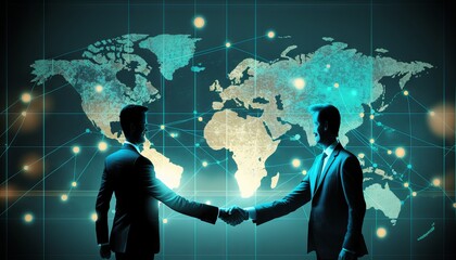 Two businessman investor handshake with effect global world map network link connection. Generative ai