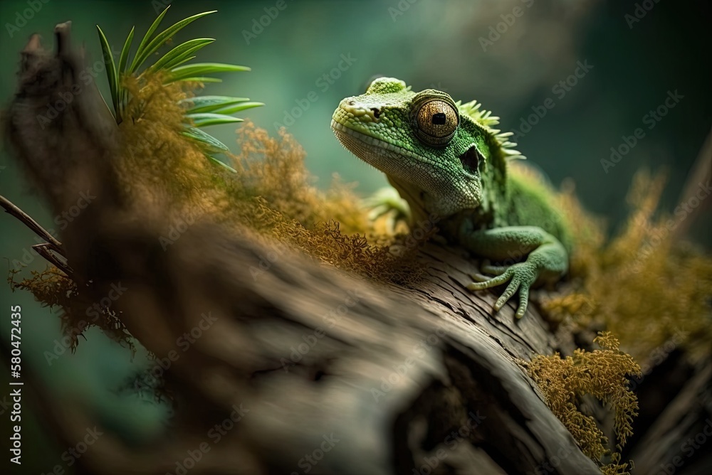 Poster zooming in on a green lizard resting on some rotting roots generative ai