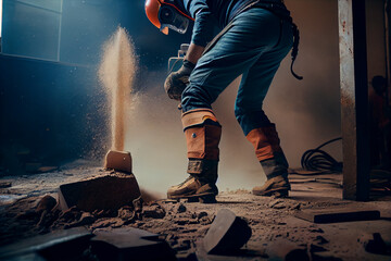 Fototapeta premium Worker using a grinder to cut a concrete wall at a construction site.generative ai